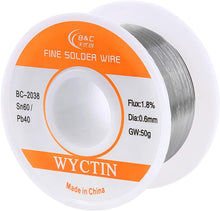 Load image into Gallery viewer, WYCTIN 60-40 Tin Lead Rosin Core Solder Wire for Electrical Soldering and DIY 0.0236 inches(0.6mm) 0.11lbs